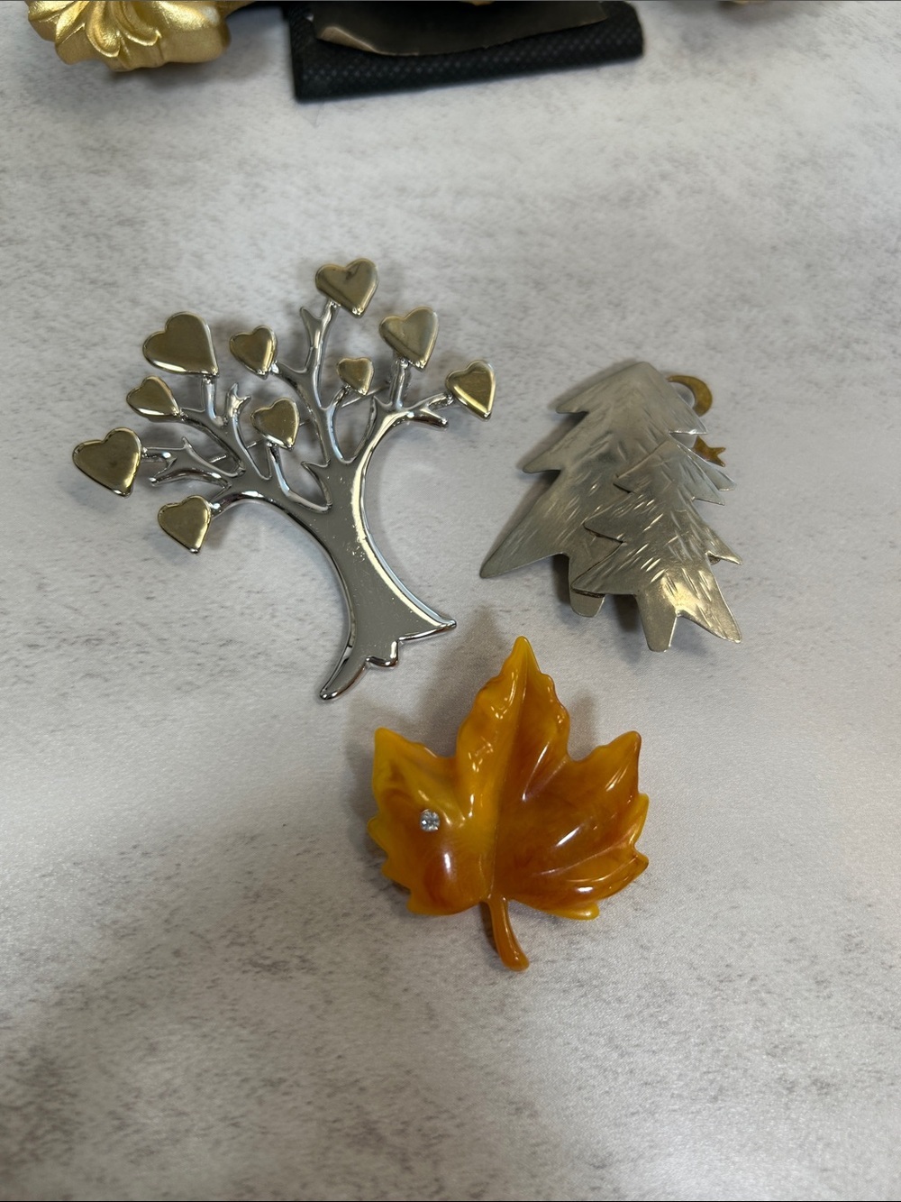Bundle of Brooches Silver Heart Tree & Pine Tree Accents with Avon Amber Leaf